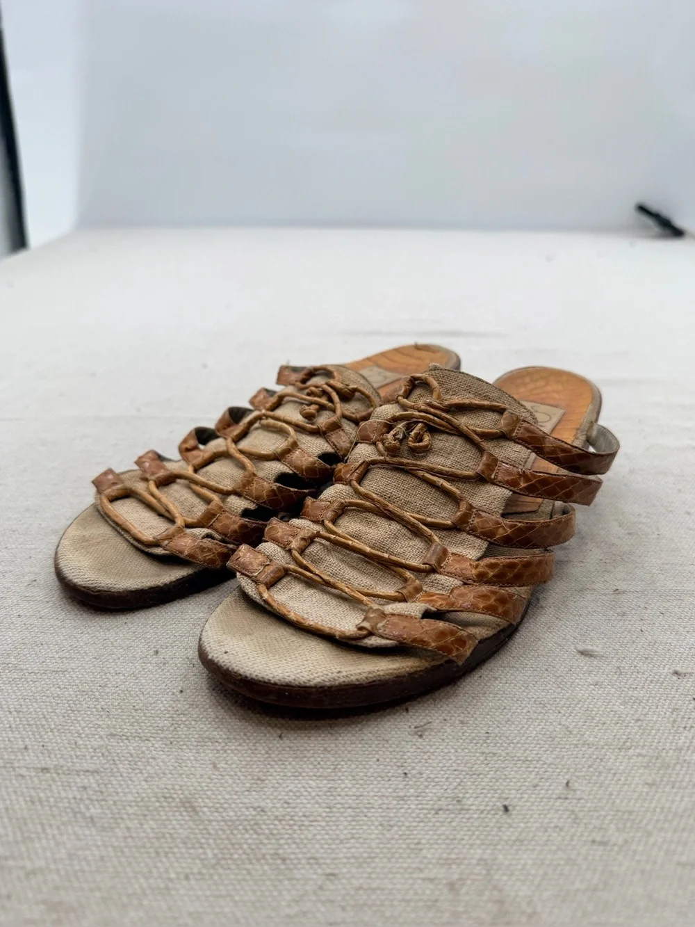 Joan & David Cognac Braided Leather Strappy Slide Sandals